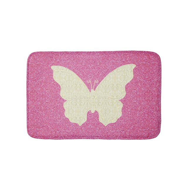 Weißer Schnürsenkel auf rosa Glitzer Badematte (Vorderseite)