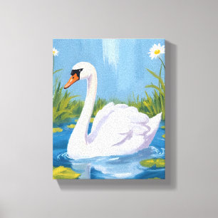 Weißer Schwan   Teich Aquarell-Vogelmalerei Leinwanddruck