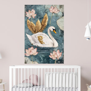 weißer Schwan umgeben von Lotosblumen. Poster