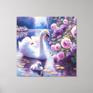 Weißer Schwan und Schwanenkind mit violetten Rosen Leinwanddruck