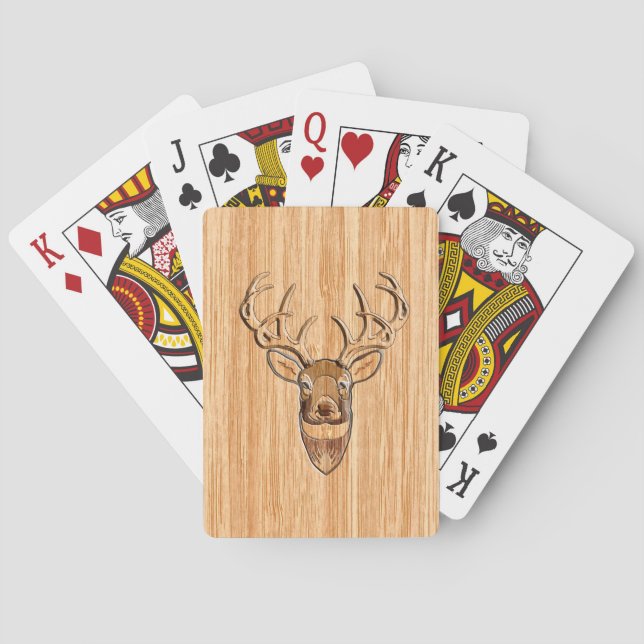 Weißer Schwanz Hirsch Kopf-Hölzern-Einlegestil Spielkarten (Rückseite)