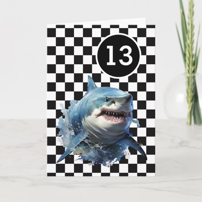 Weißer Schwarzer Schachhai 13. Geburtstag Karte (Vorderseite)