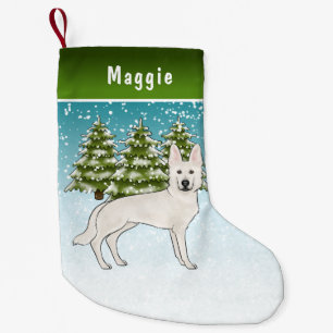 Weißer Schweizer Hirte Weißer GSD Dog Winterwald Kleiner Weihnachtsstrumpf