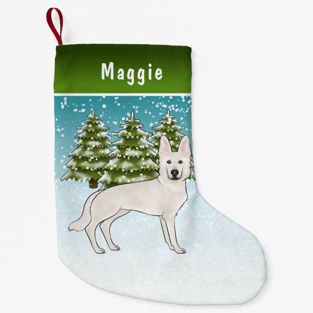 Weißer Schweizer Hirte Weißer GSD Dog Winterwald Kleiner Weihnachtsstrumpf (Vorderseite)