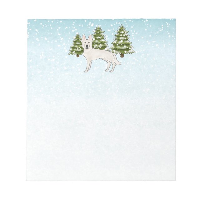 Weißer Schweizer Hirte Weißer GSD Dog Winterwald Notizblock (Vorderseite)