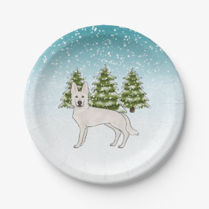 Weißer Schweizer Hirte Weißer GSD Dog Winterwald Pappteller