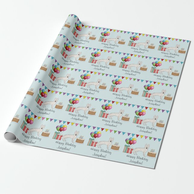 Weißer Schweizer Schäferhund GSD Buntes Happy Birt Geschenkpapier (Ungerollt)