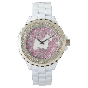 Weißer Scottie-Rosa-Paisley-Druck Armbanduhr