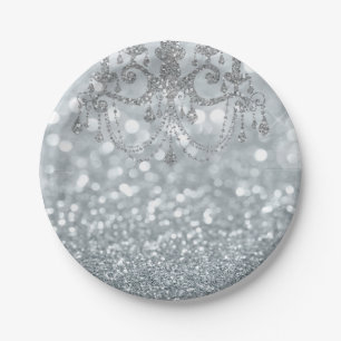 Weißer Silber Glitter Bokeh Glam Kronleuchter Funk Pappteller