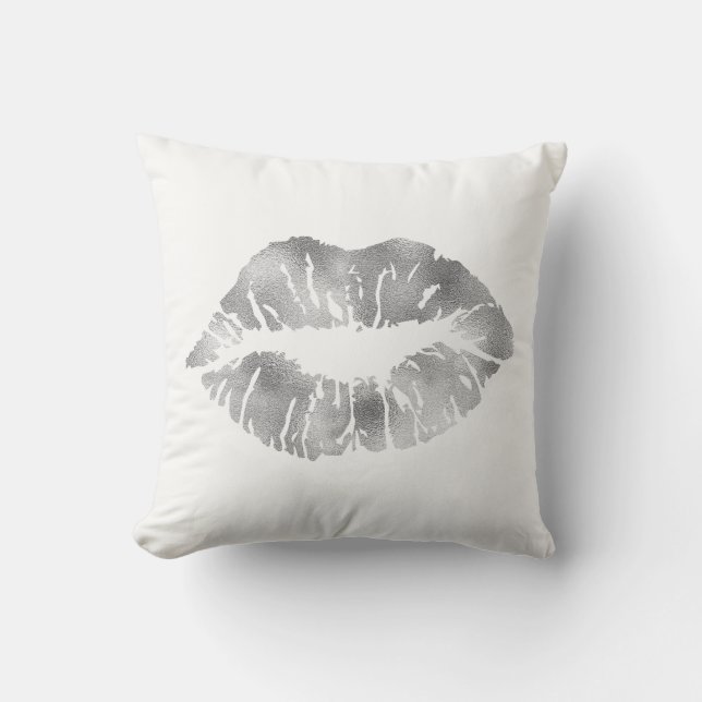 Weißer Silbergrauer Glitzer Kiss Lips Minimal Kissen (Vorderseite)