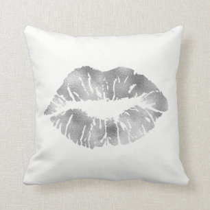 Weißer Silbergrauer Glitzer Kiss Lips Minimal Kissen