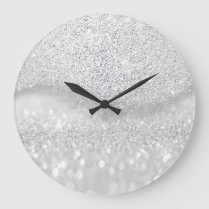 Weißer Silbergrauer Glitzer Minimal Ombre Glam Große Wanduhr