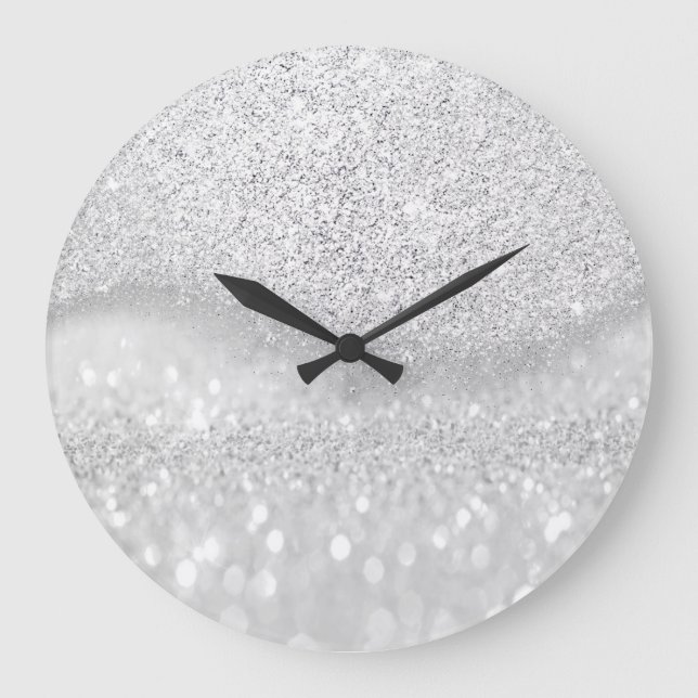 Weißer Silbergrauer Glitzer Minimal Ombre Glam Große Wanduhr (Vorderseite)