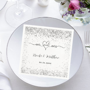 Weißer silberner Glitzer elegant mr mrs Herz Hochz Serviette