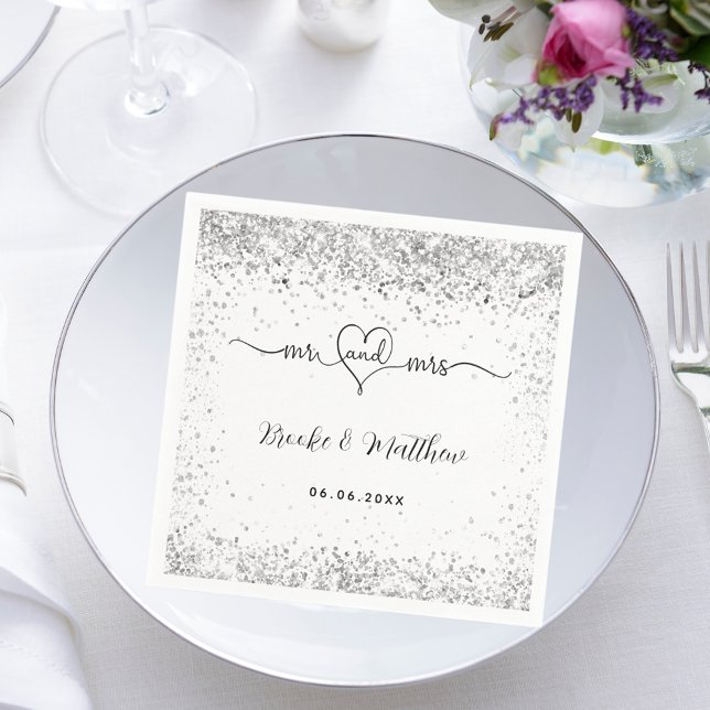 Weißer silberner Glitzer elegant mr mrs Herz Hochz Serviette (Von Creator hochgeladen)
