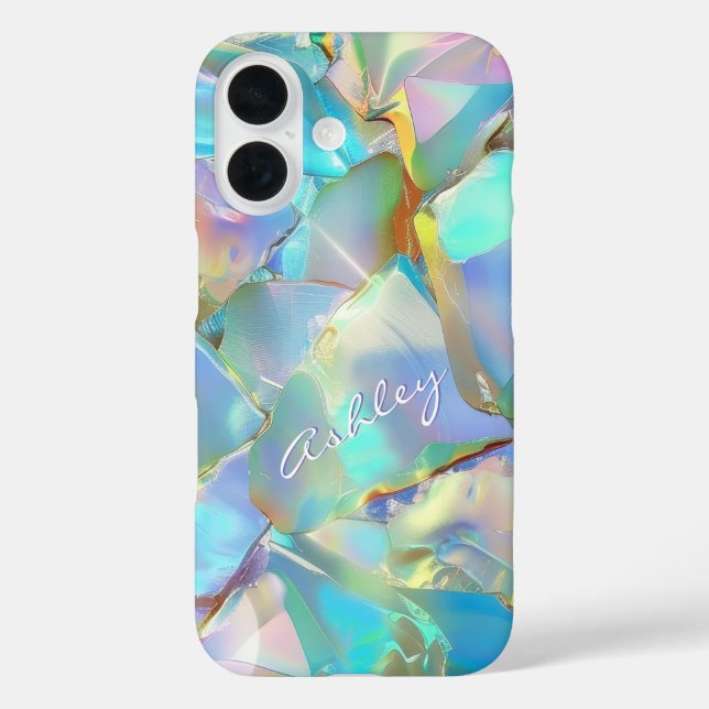 Weißer Skriptname auf opalem Hintergrund iPhone 16 Hülle (Rückseite)