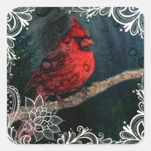 Weißer Spitz Primitive Weihnachts Roter Kardinal Quadratischer Aufkleber