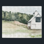 Weißer Stall Puzzle<br><div class="desc">Aquarellmauer III von Jennifer Paxton Parker. Eine weiße Scheune in einem Baumfeld,  die von der Seite weg ist.</div>
