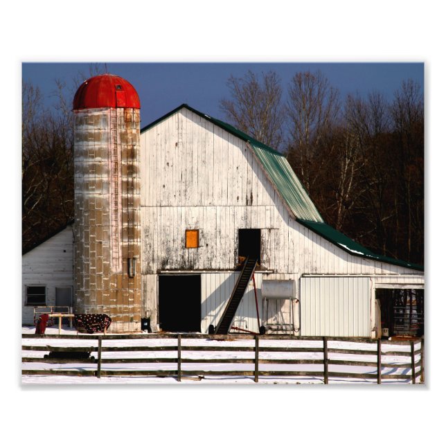 Weißer Stall und Rotes Silo Fotodruck (Vorne)