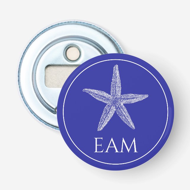 Weißer Starfish an der Küste auf Navy Blue Monogra Flaschenöffner (Vorderseite)