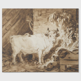Weißer Stier und Hund in einem Stall durch Geschenkpapier