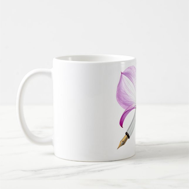 weißer Stift mit rosa Band Kaffeetasse (Links)