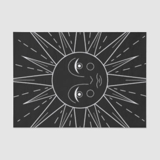 Weißer stilisierter Retro-Vintage-Sonne auf Schwar Seidenpapier