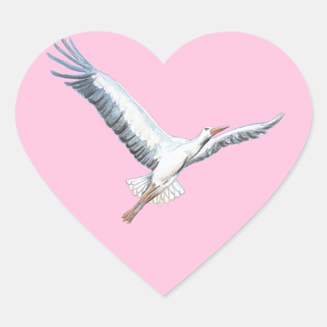 Weißer Storch in Pastellrosa Herz-Aufkleber (Vorderseite)