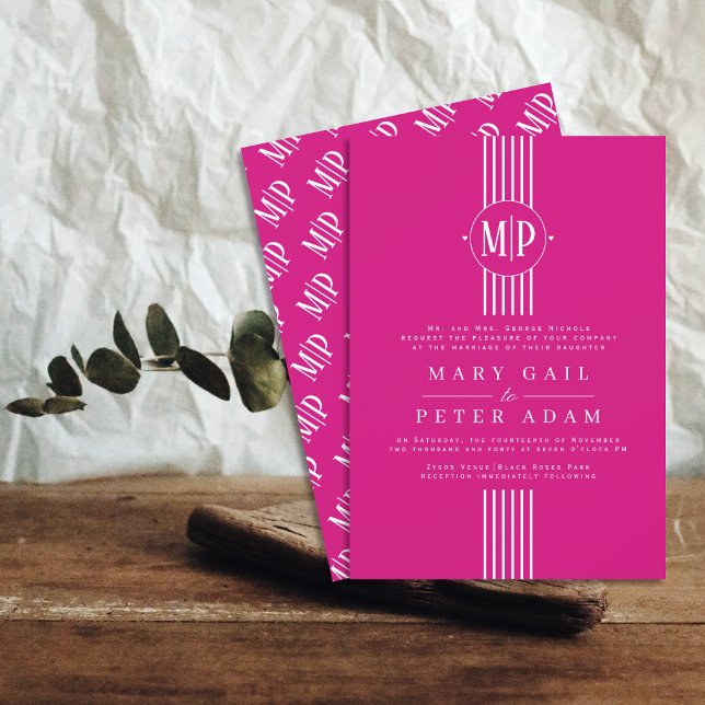 Weißer Streifen und Initialen Magenta Hochzeit Einladung (Von Creator hochgeladen)