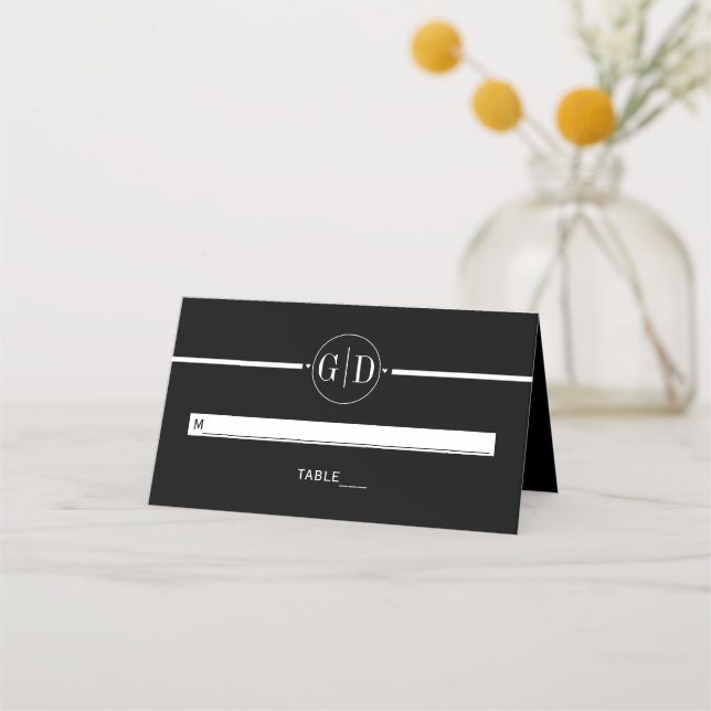 Weißer Streifen und Initialen schwarze Hochzeitbeg Platzkarte (Vorderseite)