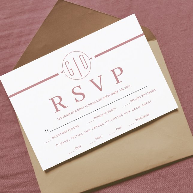 Weißer Streifen und Initialen staubige Rose rosa H RSVP Karte (Von Creator hochgeladen)