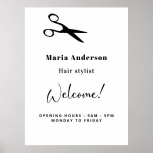Weißer Styling mit schwarzem Haar - Öffnungszeiten Poster