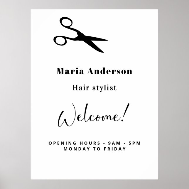 Weißer Styling mit schwarzem Haar - Öffnungszeiten Poster (Vorne)