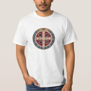 Weißer T - Shirt mit der Medaille von St. Benedic