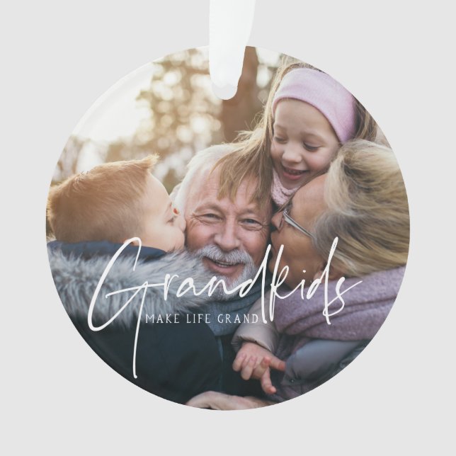 Weißer Text | Enkelkinder machen Life Grand Foto Ornament (Vorderseite)