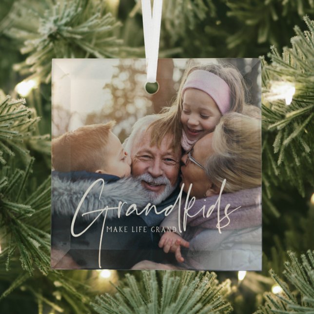 Weißer Text | Enkelkinder machen Life Grand Foto Ornament Aus Glas (Insitu)