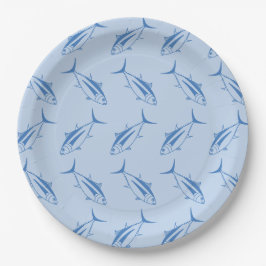 Weißer Thunfisch Fisch in Ägäis Blau auf Pastellbl Pappteller