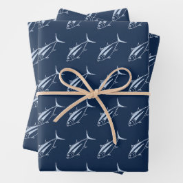 Weißer Thunfisch in Pastel auf Meeresblau im große Geschenkpapier Set