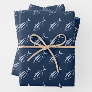 Weißer Thunfisch in Pastel auf Meeresblau im große Geschenkpapier Set