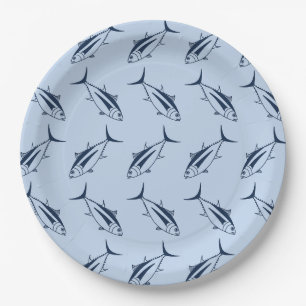 Weißer Thunfisch Meeresblau auf Pastellblau Pappteller