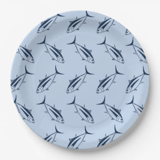 Weißer Thunfisch Meeresblau auf Pastellblau Pappteller