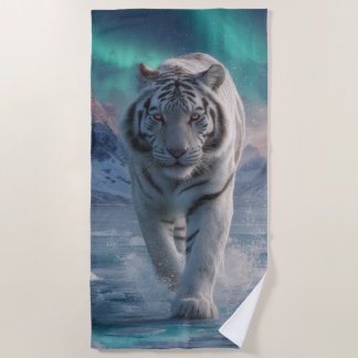 Weißer Tiger Aurora-Eislandschafts-Wildlife-Design Strandtuch
