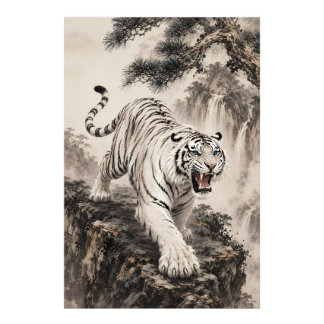 Weißer Tiger Brüllende Tuschmalerei | Traditionell Fotodruck