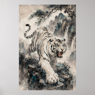 Weißer Tiger brüllt auf Bergklippe | Chinesisch In Poster