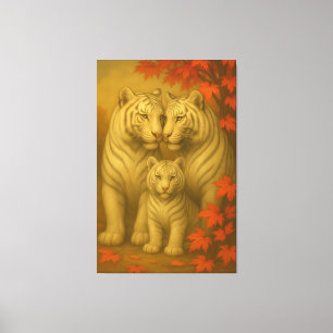 Weißer-Tiger-Familie – Herbstahorn Kunstwandbild Leinwanddruck