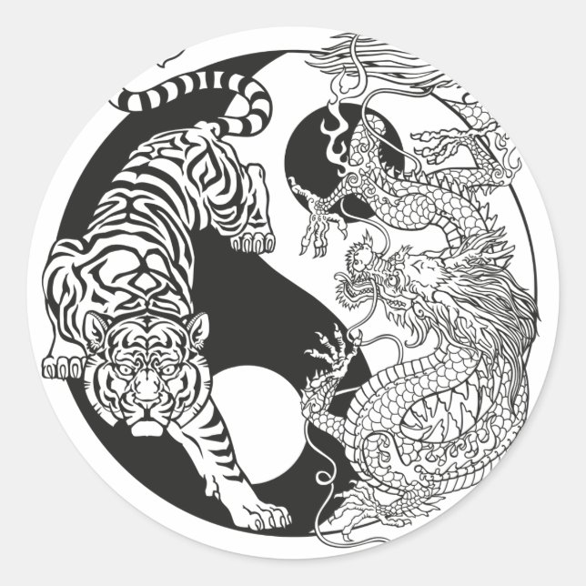 Weißer Tiger gegen grüner Drache im Yin Runder Aufkleber (Vorderseite)