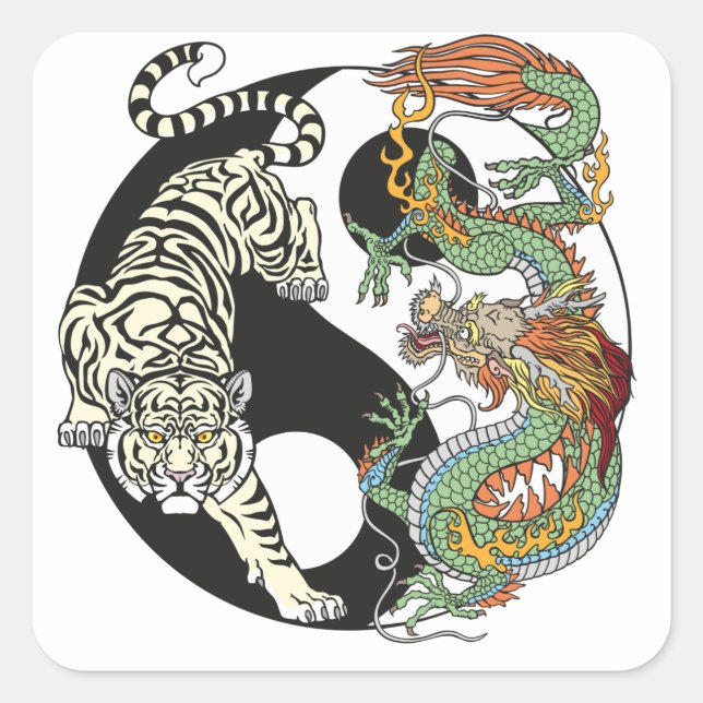 Weißer Tiger gegen grüner Drache im Yin Yang2 Quadratischer Aufkleber (Vorderseite)