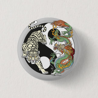Weißer Tiger gegen grüner Drache im Yin-Yang-Bu Button