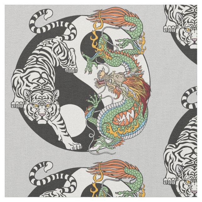 Weißer Tiger gegen grüner Drache im Yin Yang f Stoff (Nahaufnahme)