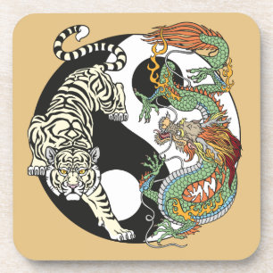 Weißer Tiger gegen grüner Drache im Yin-Yang Getränkeuntersetzer